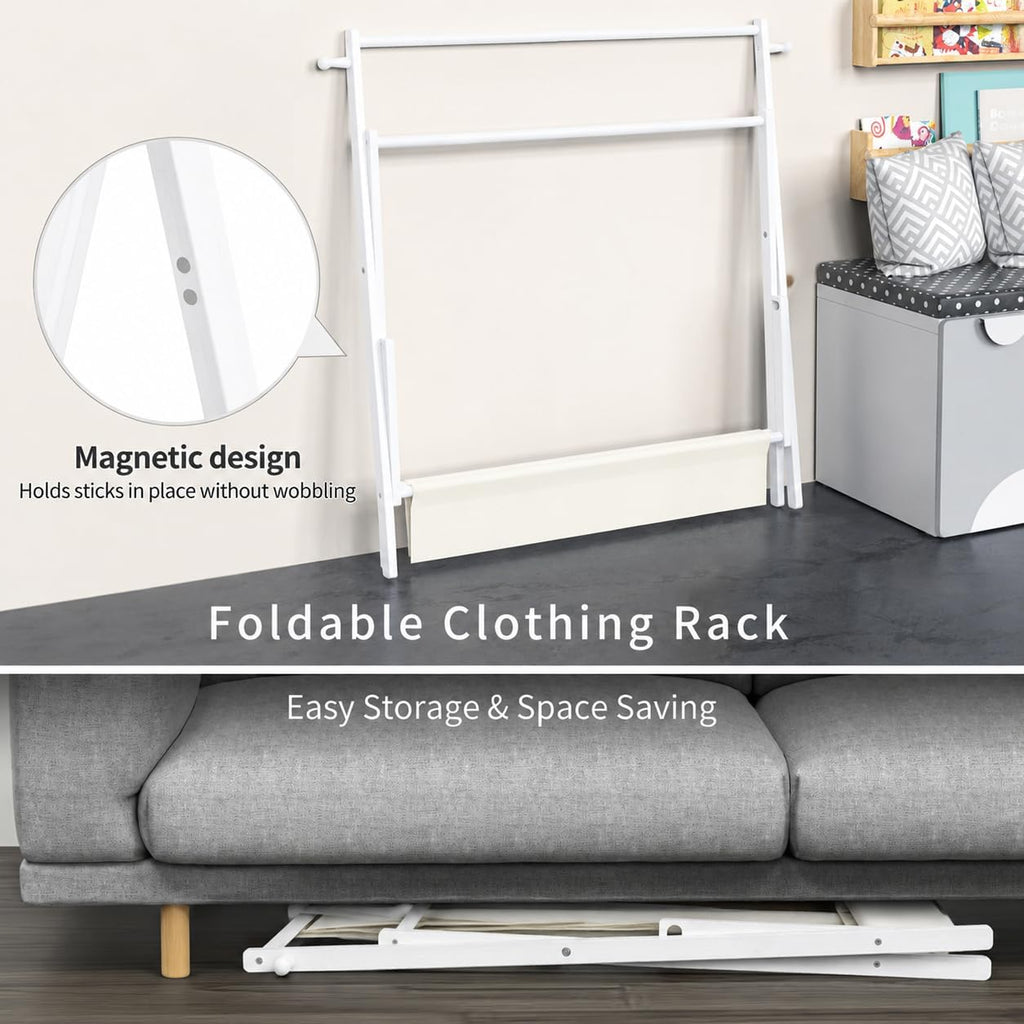 BAMBOOHOMIE Kids Clothing Rack, Small Clothes Organizer Rack, Kids Dress Up Rack with Storage Shelf & Double Rods, Bamboo Child Garment Rack for Playroom Toddler's Bedroom (Large Size - White)