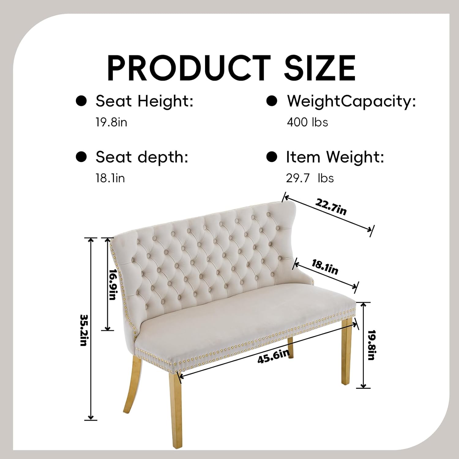 Velvet Double Dining Loveseat Bench with Wing Back, Tufted Upholstered 2-Seat Design,Golden Stainless Steel Legs, Modern Mid-Century Accent Seating for Dining Room, Kitchen, or Entryway (Beige)