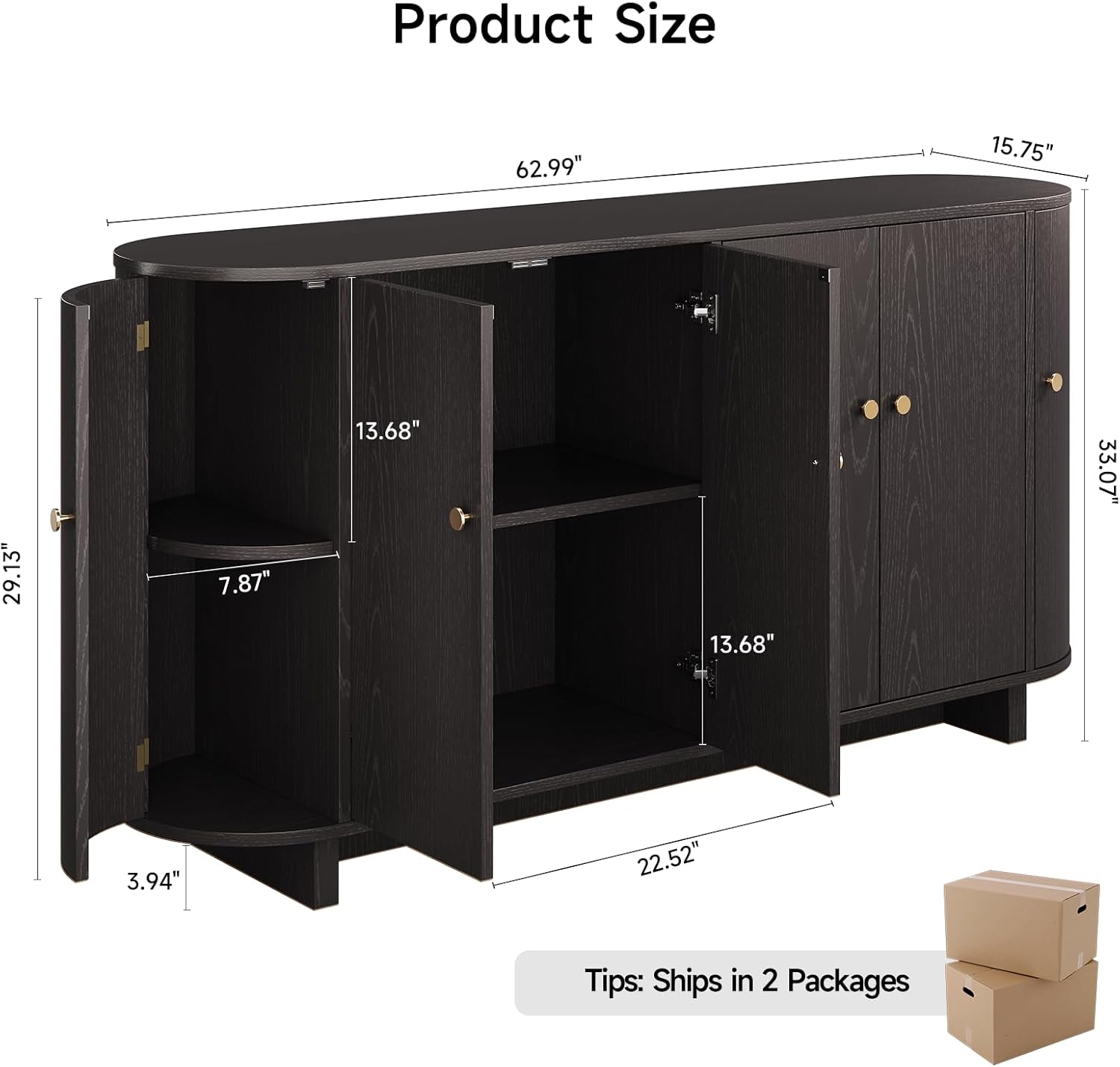 ONBRILL 63 Inch Sideboard Buffet Cabinet, Modern Oval Cabinets with Doors, Large Buffet Cabinets with Storage, Console Credenza w/Adjustable Shelves for Living Room, Kitchen, Entryway, Black