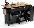 ONBRILL Kitchen Island with Storage, Island Table with Drop Leaf and Power Outlet, Kitchen Island on Wheels with Trash Cabinet, Spice Rack & Towel Rack, Black