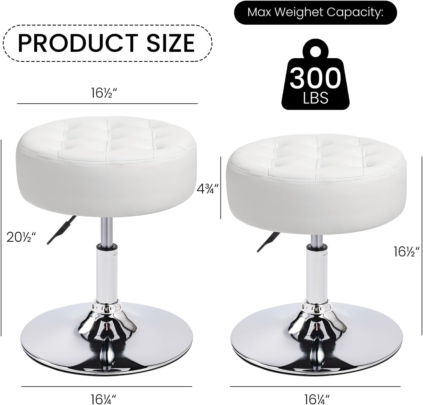 360° Swivel PU Leather Vanity Stool, White Makeup Chair for Bedroom, Large Round Ottoman Stool