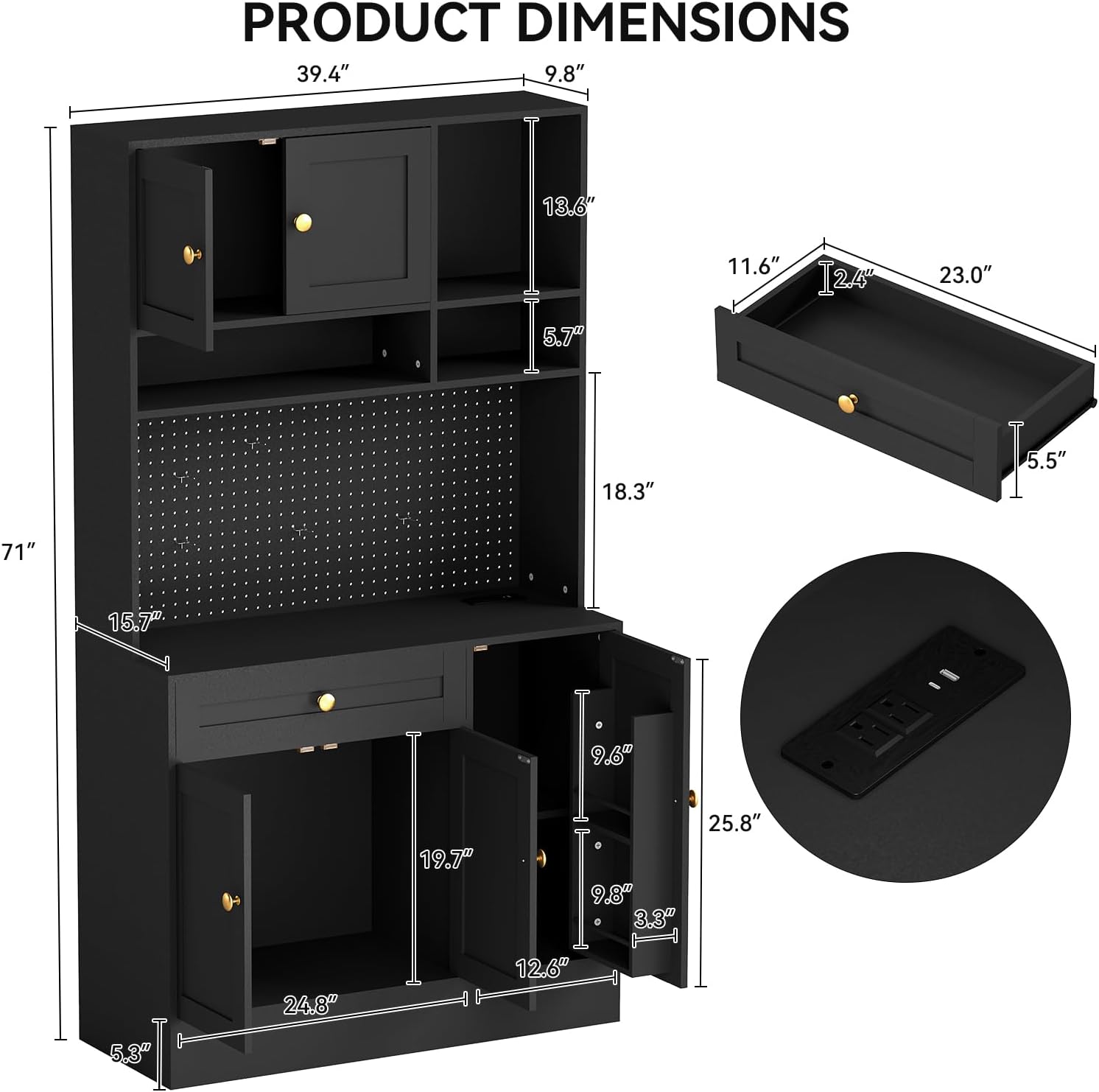 YOURLITE LED Pantry Cabinets with Pegboard, Kitchen Pantry Storage Cabinet with Outlet & Microwave Stand, Kitchen Hutch Coffee Bar with 5 Hooks and Adjustable Shelf, Black