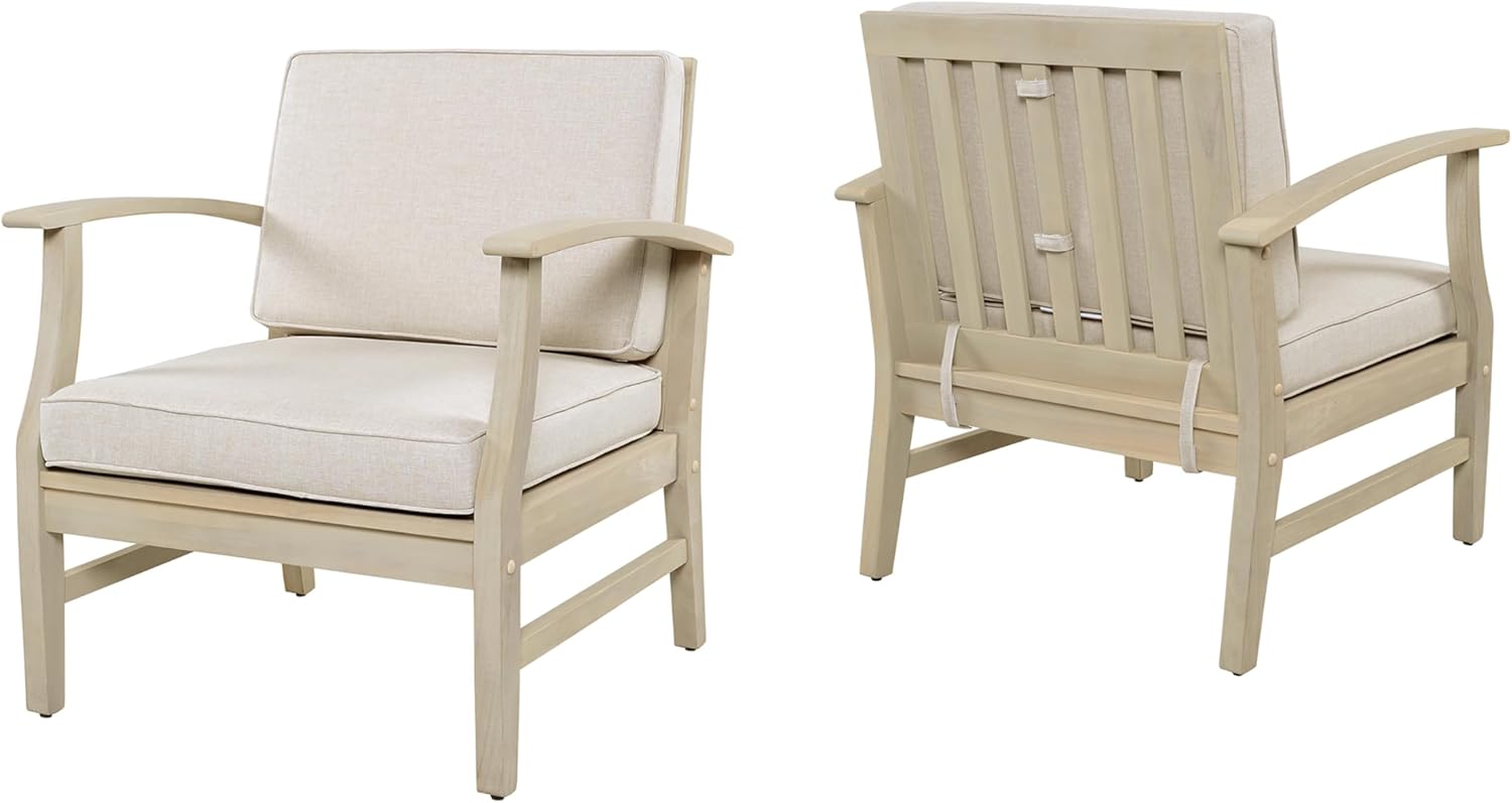 Christopher Knight Home Perla Acacia Wood Lounge Chair Outdoor Set of 2 with Removable Cushion, Wooden Patio Accent Chair, Patio Garden Comfy Reading Chair, Sand/Beige