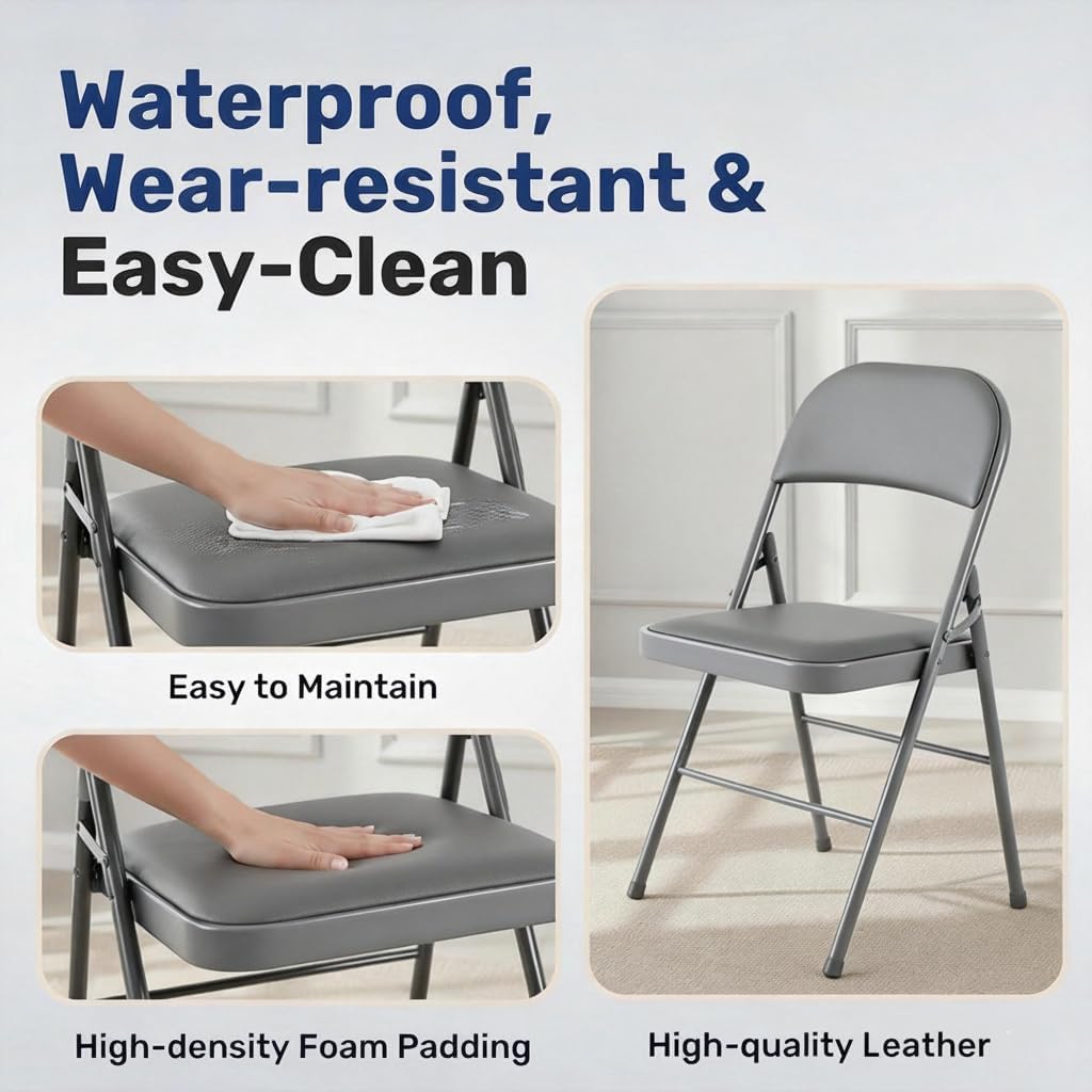 Simple Deluxe Dining Chairs Set of 4, Leather Cushion Foldable Modern Kitchen Side Chair with Padded Back& Metal Legs, Upholstered Dinner Seat Gift for Home/Living Room/Bedroom/Restaurant, Grey