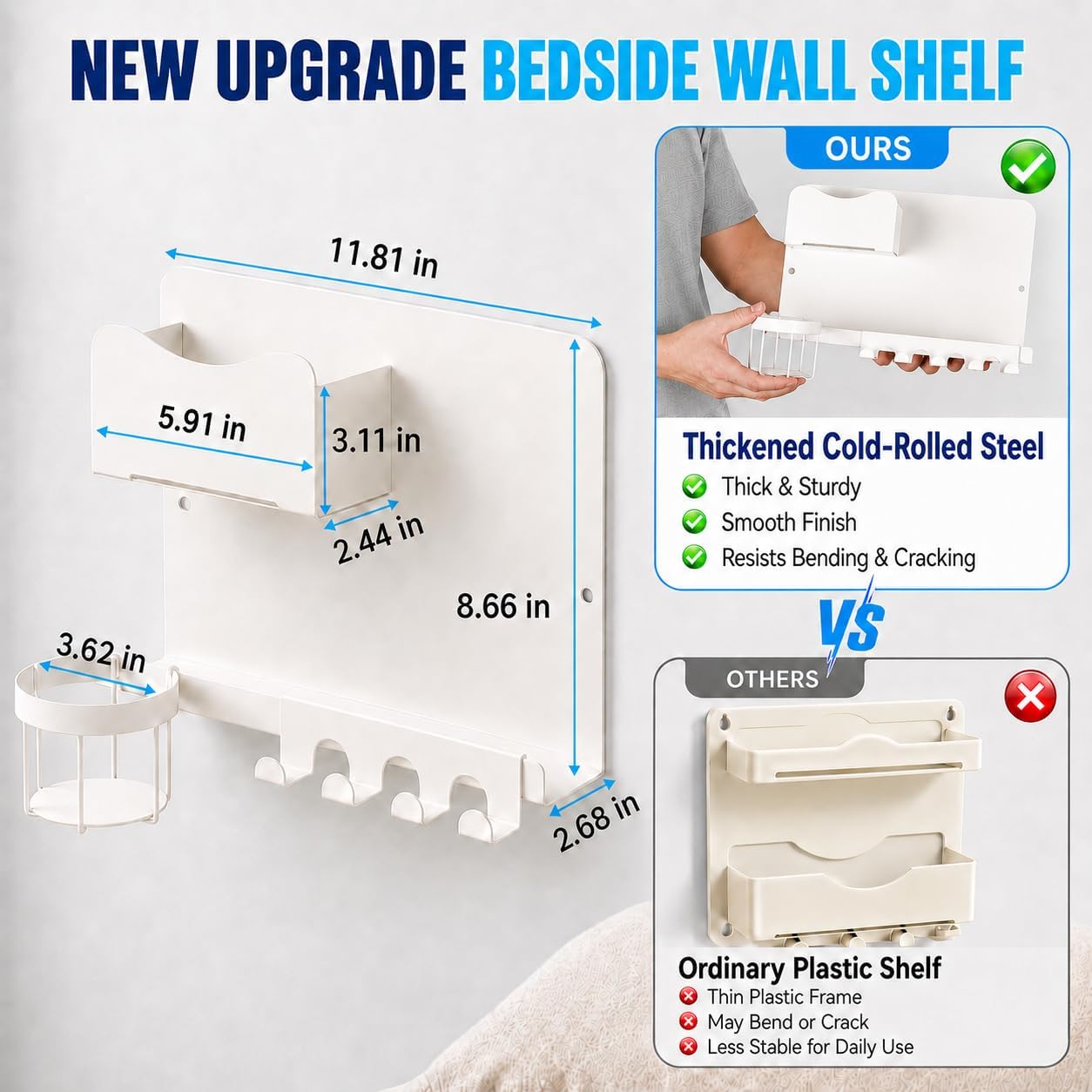 Metal Bedside Wall Shelf, Bedside Floating Shelf Wall Organizer with Detachable Cup Holder, No Drill Wall Mount for Bedroom, Dorm Room Decor, Nightstand Alternative, Bunk Bed Accessories, RV Storage