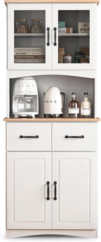 67" Kitchen Pantry Cabinet with Glass Doors & Drawers, Adjustable Shelves, Anti-Tip, Space-Saving Microwave Stand for Small Kitchens