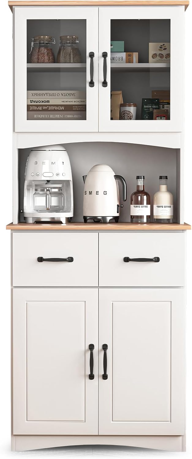 67" Kitchen Pantry Cabinet with Glass Doors & Drawers, Adjustable Shelves, Anti-Tip, Space-Saving Microwave Stand for Small Kitchens
