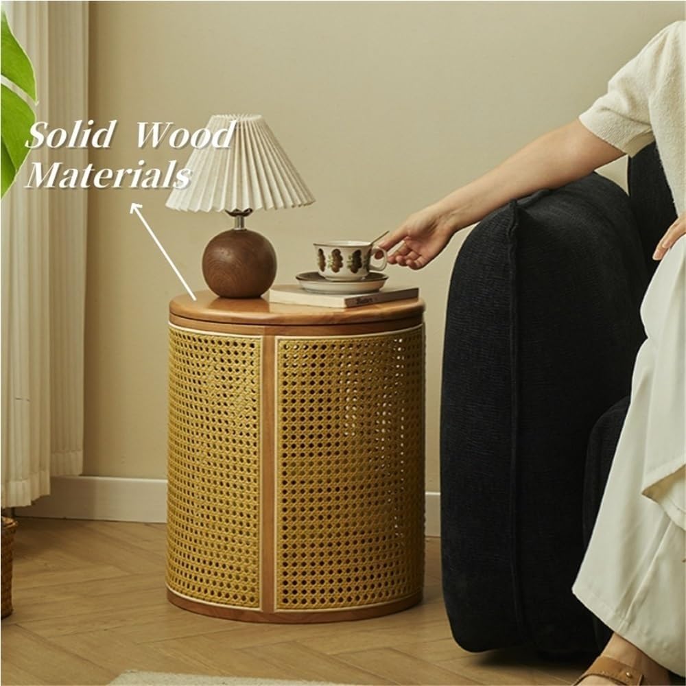 Simple Wood Side Table Handmade Round Storage Small Imitation Woven Rattan Sofa End Table Coffee Table Bedside Table for Room All Occasion(Coffee)