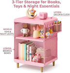 SYKIARIOL Kids Nightstand for Girls, 3-Tier Storage Shelf, Pink | Metal Bedside Table with 4 Hooks & Hanging Basket, Toddler Night Stand for Bedroom