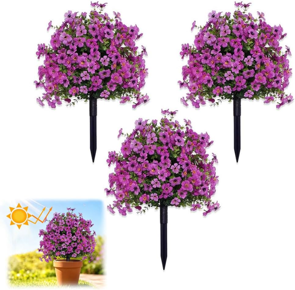 Faux Petunias with Ground Stake, UV Resistant & Waterproof Artificial Flowers, Realistic Fake Flowers for Garden In Ground, Yard, Porch, Planter – Indoor Outdoor Home Decoration (Purple 3 Pcs)