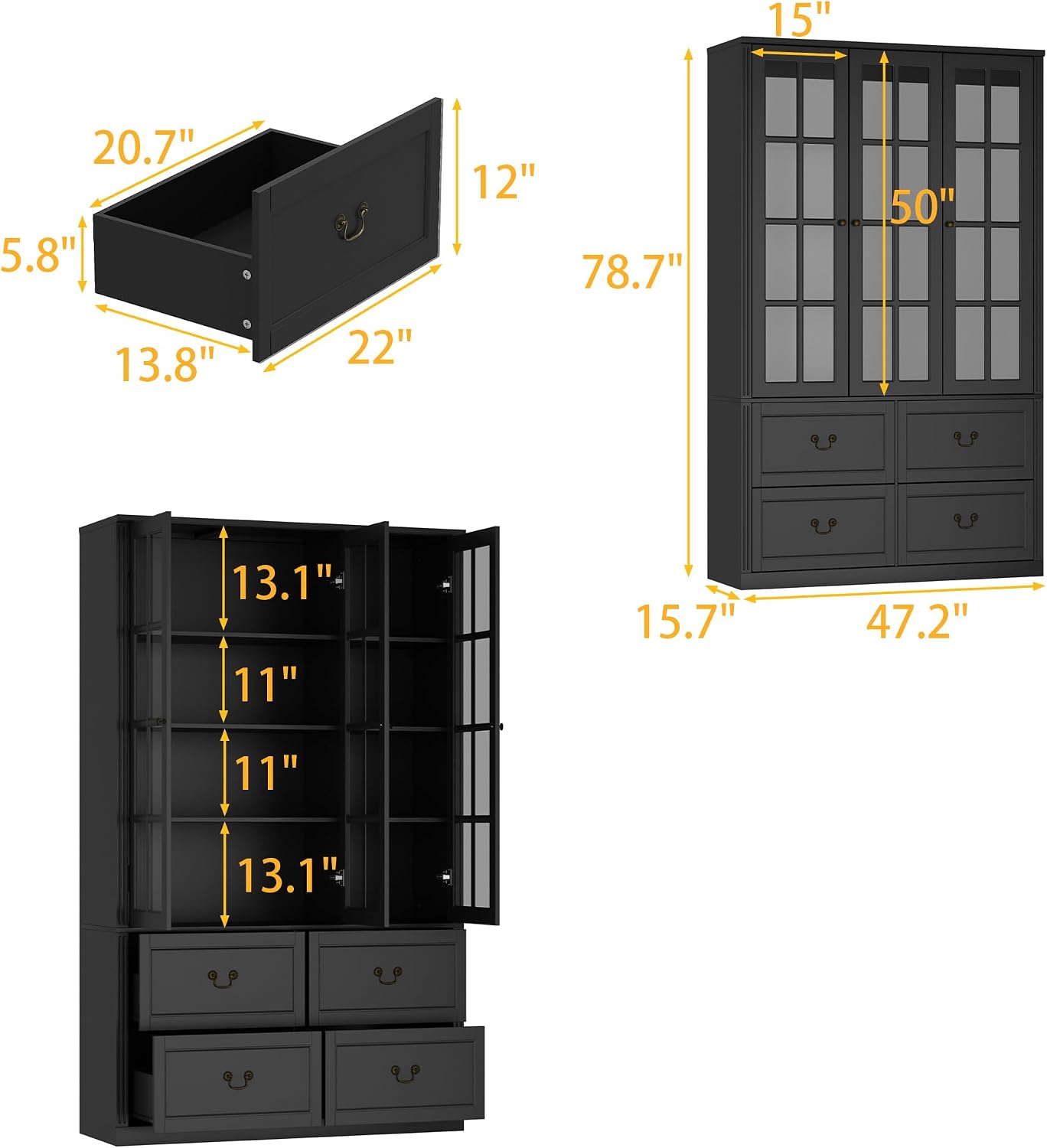 AGOTENI 47.2" W Pantry Cabinet with Glass Doors & 4 Drawers, Wooden Freestanding Kitchen Storage Cabinet with Adjustable Shelves & Vintage Handles for Dining Room Living Room, Black