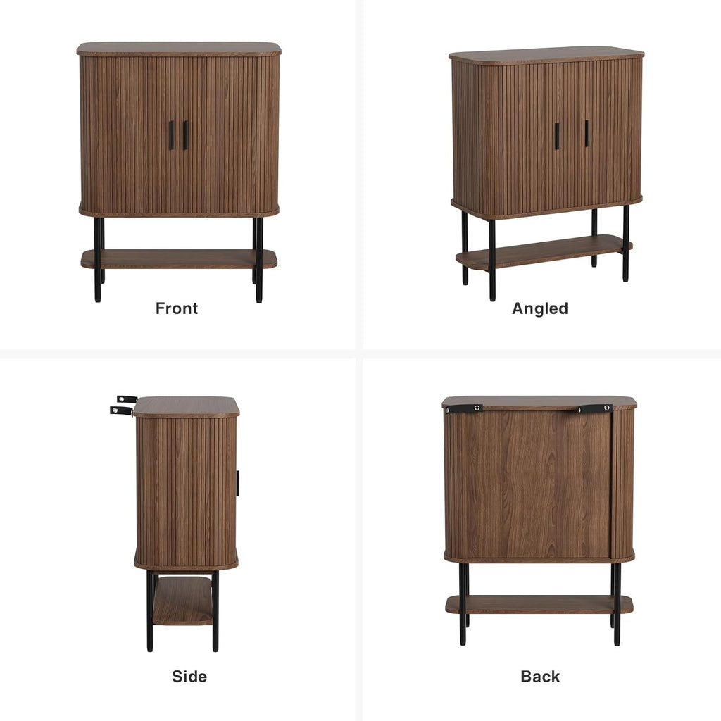 FiveWillowise Coffee Bar Cabinet with Storage, Fluted Wine Cabinet with Sliding Doors, Glass Holder and Wine Rack, Buffet Sideboard Liquor Cabinet for Kitchen, Dining Room, Living Room, Walnut
