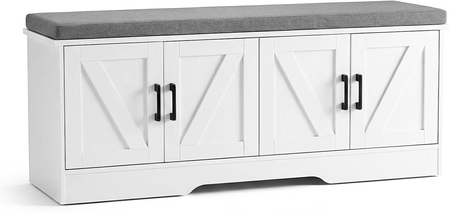 47" Shoe Bench, with Storage with Padded Seat Cushion, Modern 4-Door Shoe Cabinet with Adjustable Shelf for Entryway, Bedroom, Living Room, White