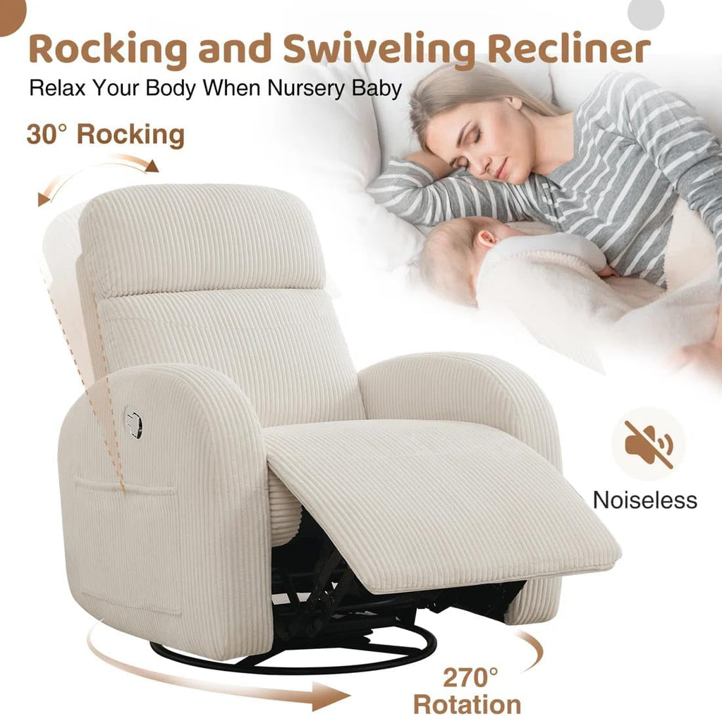 Glider Recliner for Nursery, Swivel Rocker Recliner with 2 Pockets for New Mother, Corduroy Manual Roking Recliners for Living Room, Bedroom, Cream White