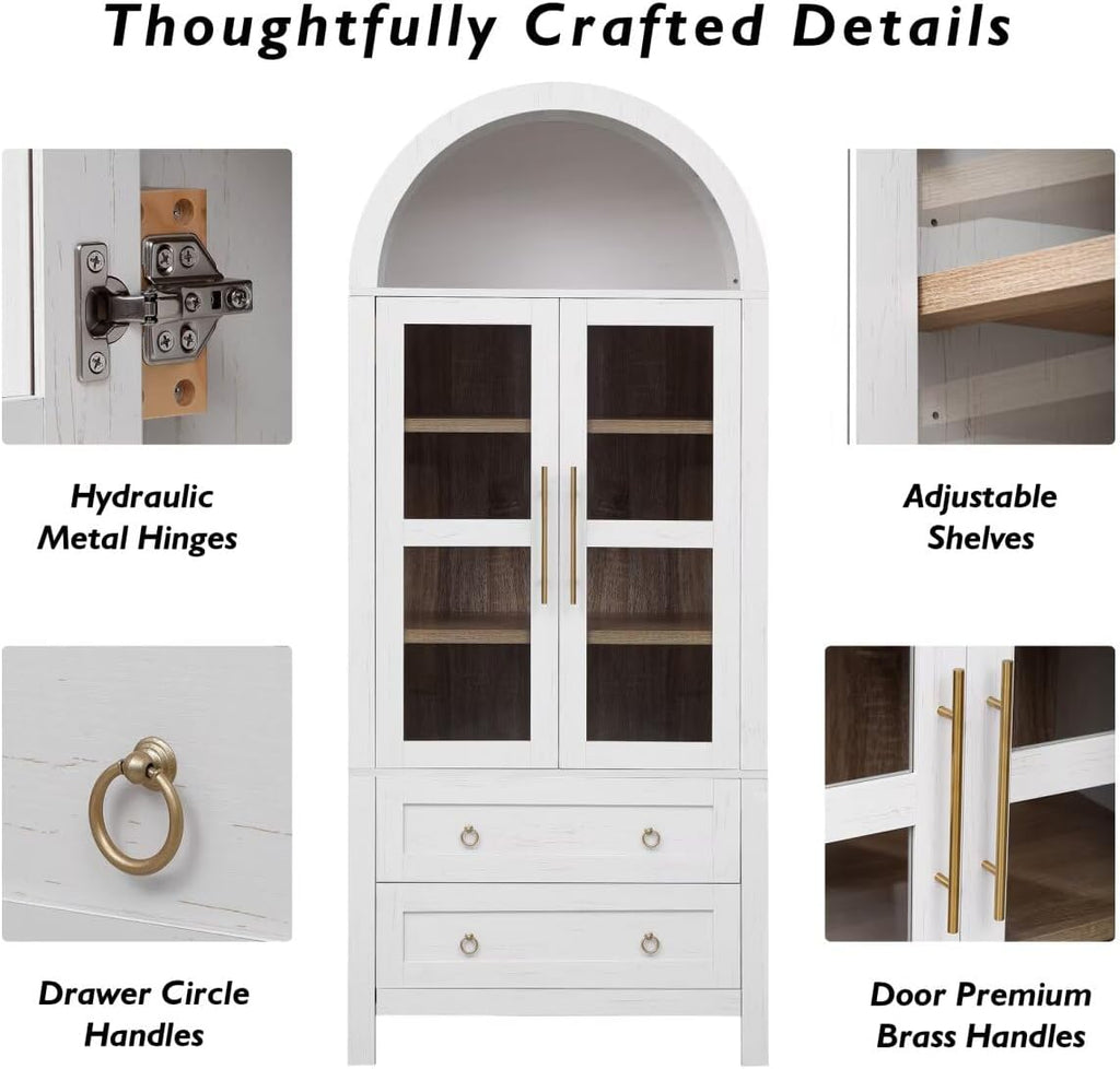 71" Tall Arched Kitchen Pantry Cabinet with 2 Large Drawers, Modern Farmhouse Kitchen Storage Cabinets with Adjustable Shelves, Glass Door, Wood Versatile Cupboard for Kitchens, Dining Room, White