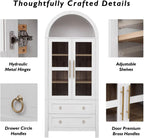 71" Tall Arched Kitchen Pantry Cabinet with 2 Large Drawers, Modern Farmhouse Kitchen Storage Cabinets with Adjustable Shelves, Glass Door, Wood Versatile Cupboard for Kitchens, Dining Room, White