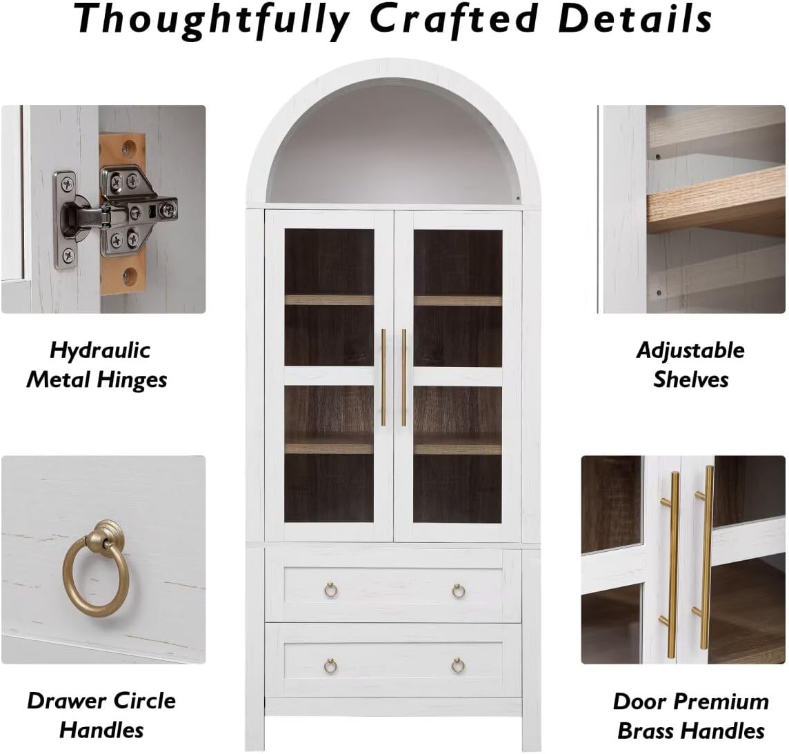 71" Tall Arched Kitchen Pantry Cabinet with 2 Large Drawers, Modern Farmhouse Kitchen Storage Cabinets with Adjustable Shelves, Glass Door, Wood Versatile Cupboard for Kitchens, Dining Room, White
