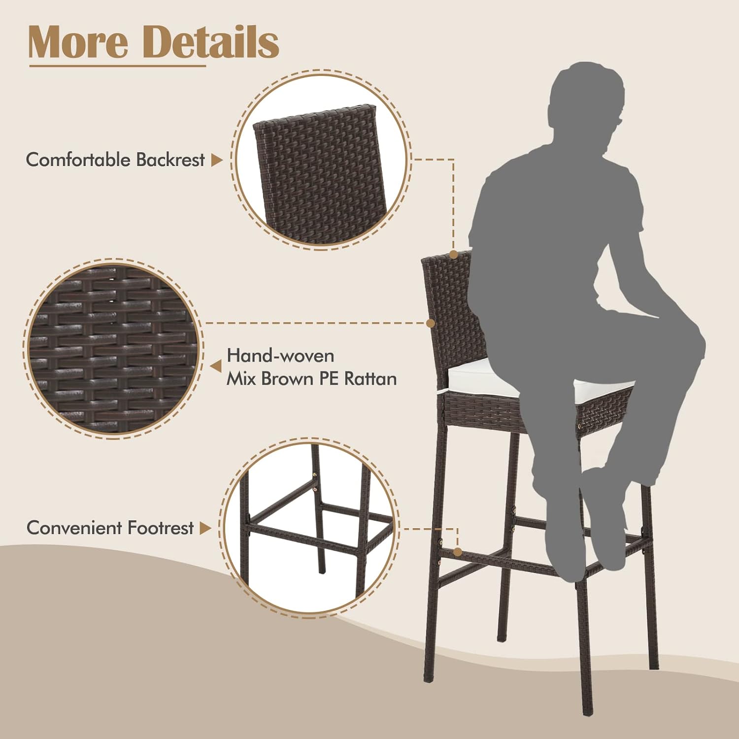 RELAX4LIFE Outdoor Bar Stools Set of 2 - Wicker Rattan Patio Barstools Tall Chairs w/Back, Footrest, Seat Cushions & Metal Frame, 400LBS Weight Capacity, 30’’ Counter Height Bar Stools (1, Mix Brown)