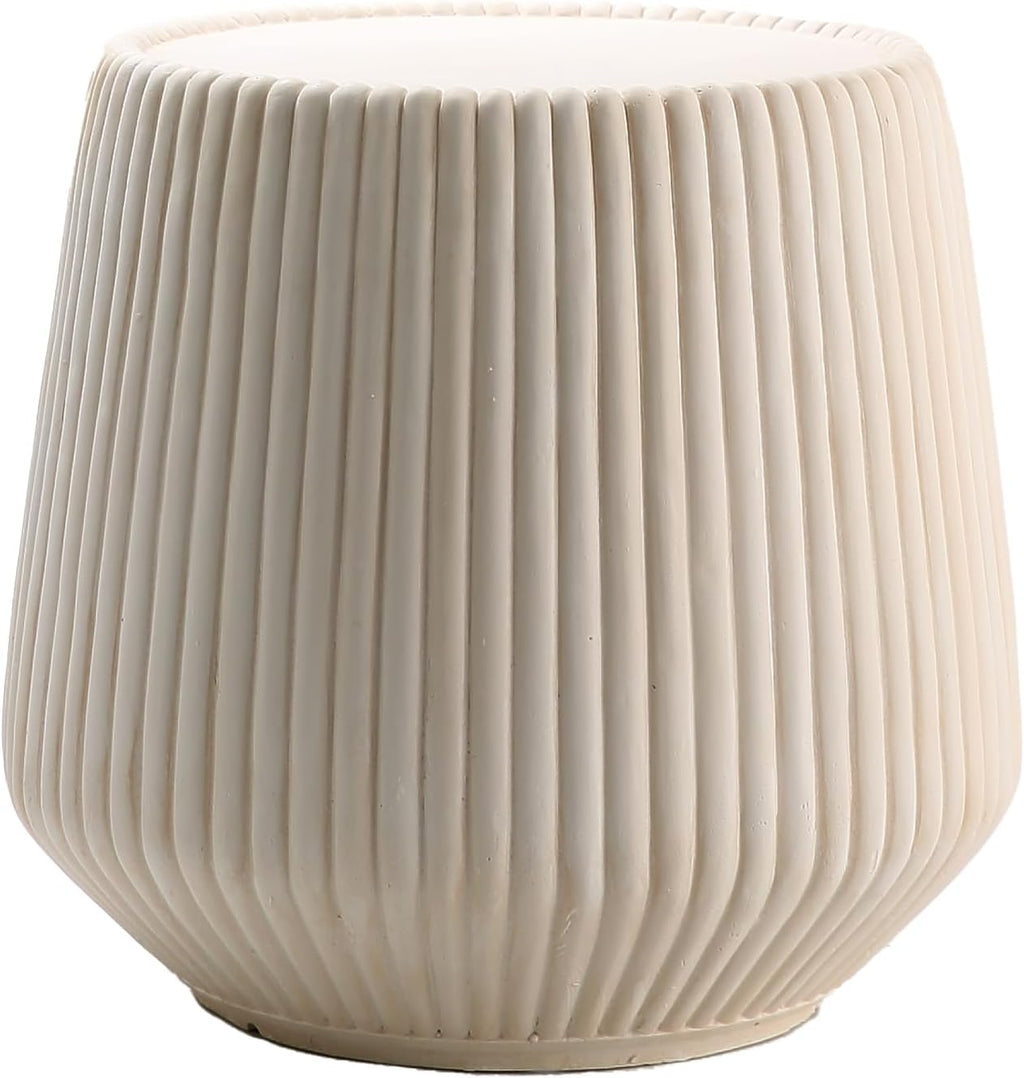 IRONORA White Vertical Fluted Round Side Table, Barrel Shaped Pedestal End Table, Pleated Textured Accent Coffee Table for Living Room Bedroom Entryway, Minimalist Indoor Decor Nightstand