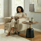 Round Side Table, 23.6 Inch, Walnut Wood Top with Black and Gold Metal Base, Modern Living Room End Table