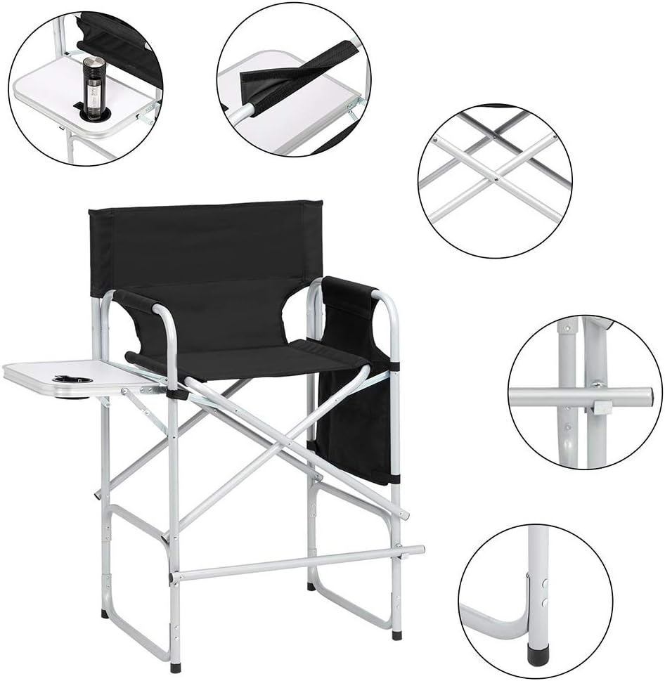 Folding Camping Tall Directors Chair with Side Table, Foldable Portable Makeup Artist Chair, Black