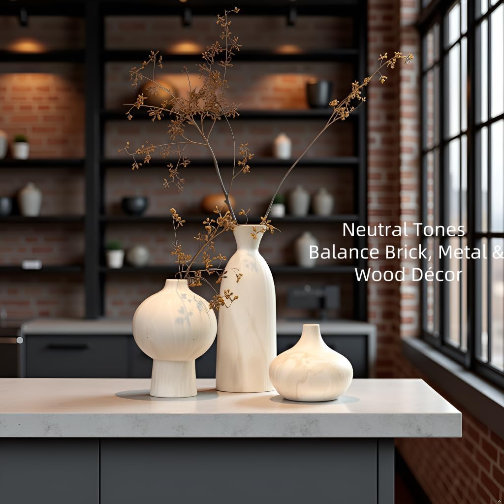White Ceramic Vase Set of 3 in Beige, Modern Aesthetic Stone-Look Textured Pottery Vases for Shelf & Bookshelf Home Decor, Neutral Minimalist Decorative Vases for Flowers & Pampas Grass