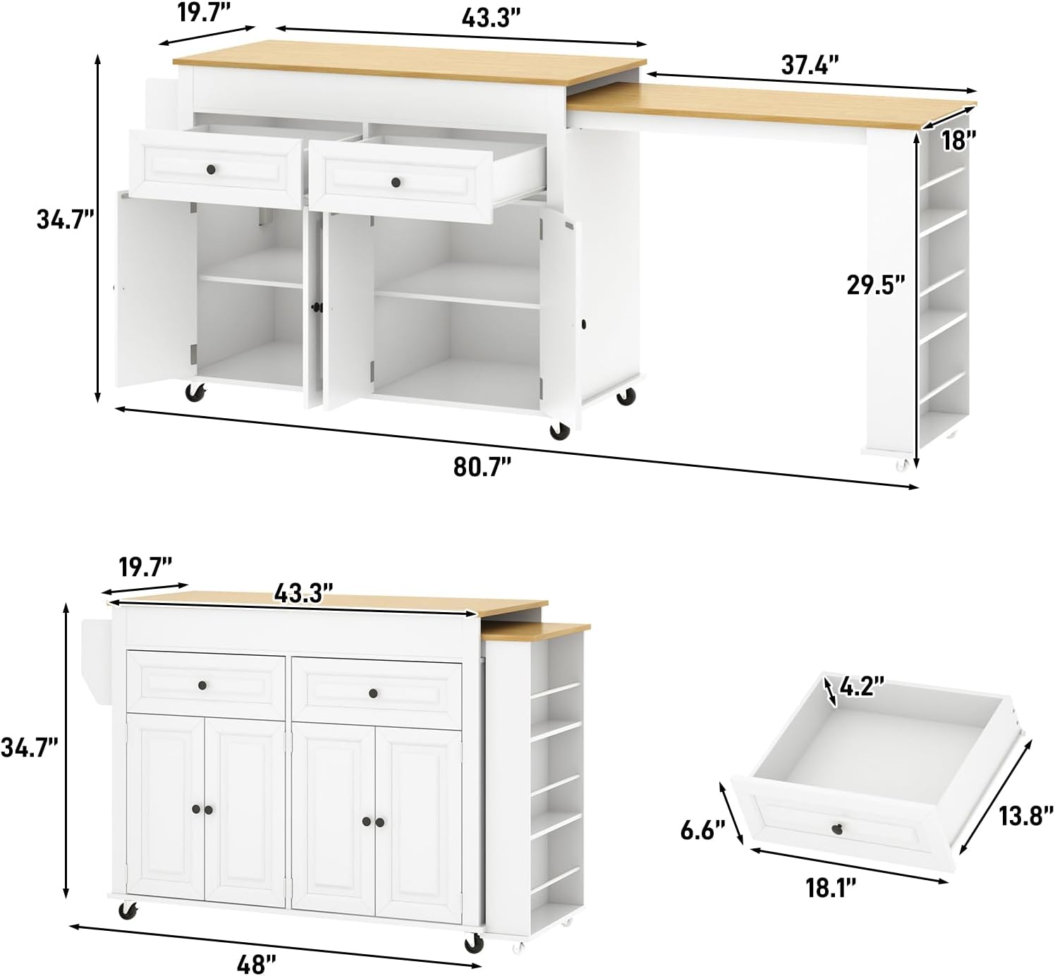 80"-48" Extendable Kitchen Island with Extended Dining Table and Power Outlet,Large Mobile Kitchen Storage Islands with 2 Storage Drawers,Rolling Islands Cart with 3 Extra Rows Open Shelves(White)