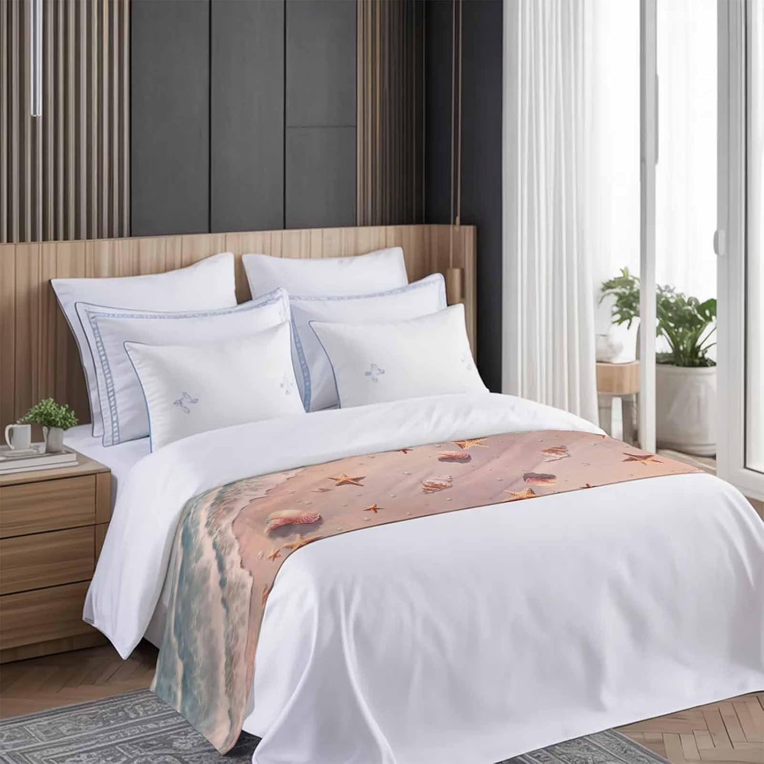Summer Beaches Bed Runner for King Size Bed, 102"x20" Nautical Ocean Pink Wave Sea Nut Starfish Pearl Luxury Bed Runners & Scarves Decorative Bedding Scarf Protector Slipcover for Home Hotel
