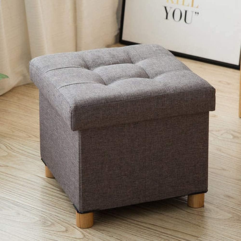 BABYCE Footstool Sofa Stool Storge Ottoman Cube,Comfort Foldable Foot Rest Upholstered Padded Stool Seat Toy Chest Coffee Table with Linen Lid Space Saving-Brown 15x15x14in