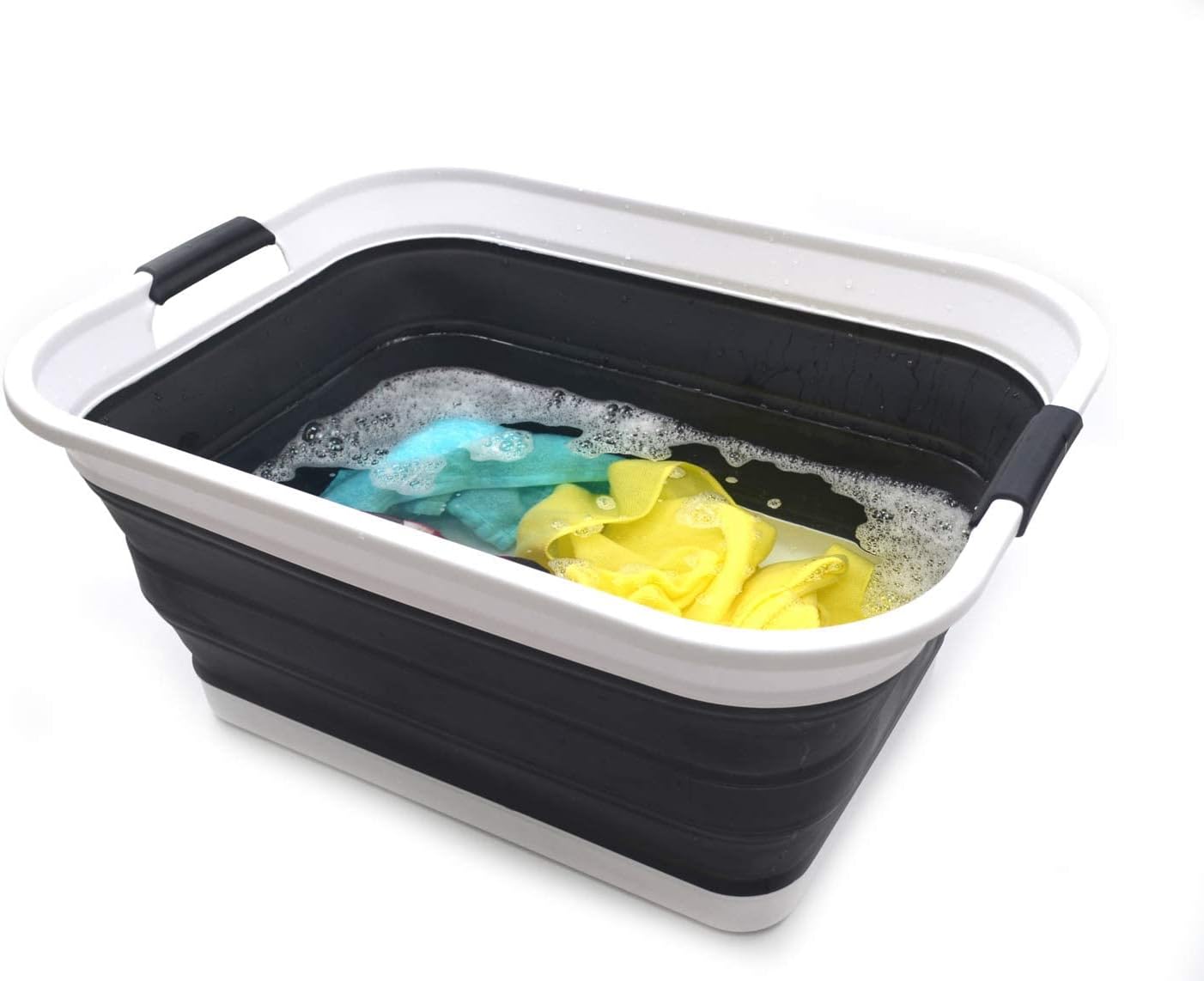 SAMMART 42L(11 gallon) Set of 2 Collapsible Plastic Laundry Basket-Foldable Pop Up Storage Container-Portable Washing Tub-Space Saving,Water capacity 34L(9 gallon) (2 rectangular - strengthen, black)