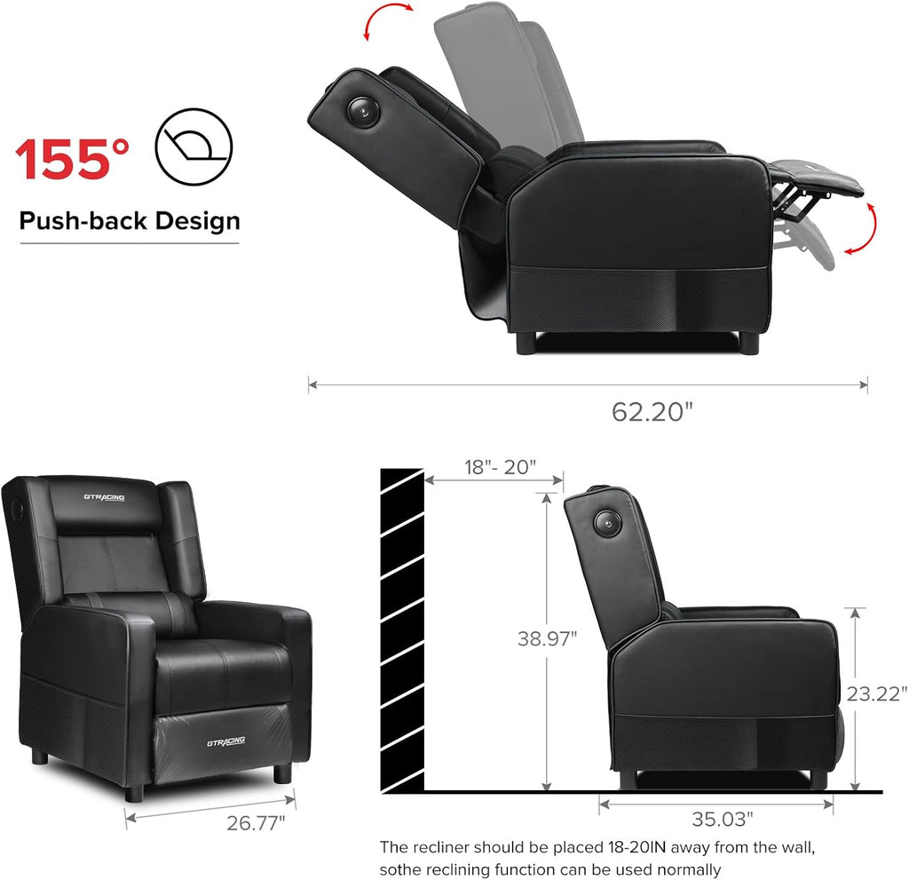 GTRACING Gaming Recliner Chair with Bluetooth Speakers Racing Style Single Gaming Sofa Modern Living Room Recliners Ergonomic Comfortable Massage Home Theater Seating, Black