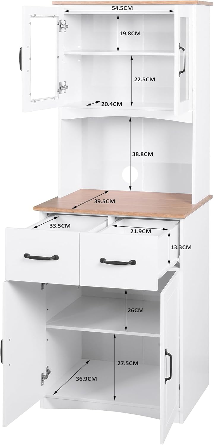 Farmhouse Kitchen Pantry Cabinet,Wooden Kitchen Cabinet White Pantry Room Storage Microwave Cabinet with Framed Glass Doors and Drawer Shelves