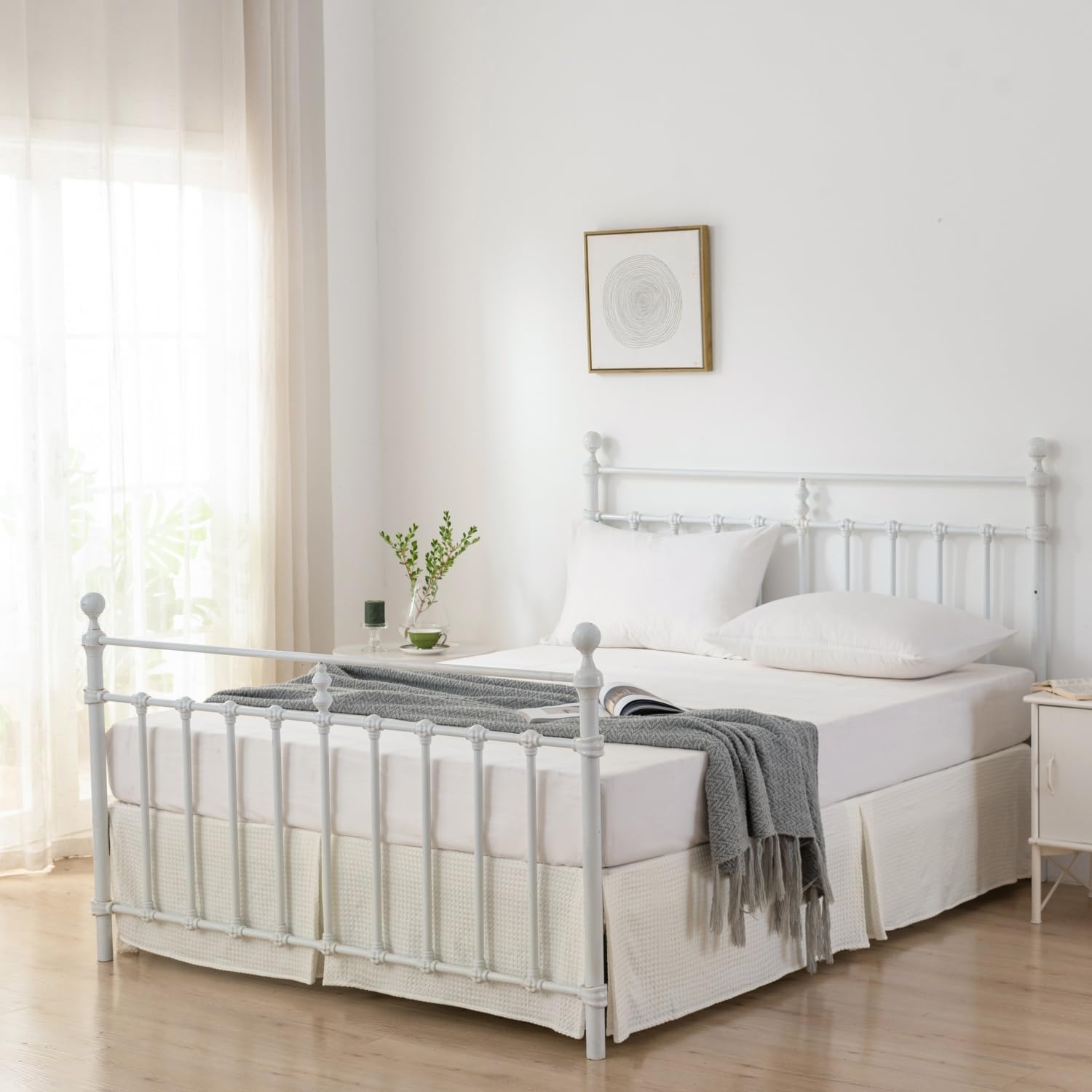 Queen Bed Skirt, Pleated Waffle Weave Bed Skirt with Split Corners, Tailored Dust Ruffle 14 Inch Drop Easy Fit, Machine Washable, Ivory, 14" Queen