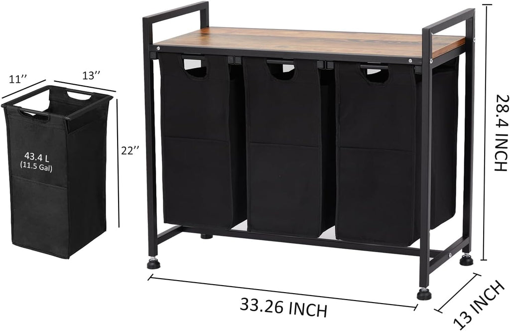Laundry Sorter 3 Section, Laundry Hamper with Shelf and 3 Pull-Out Removable Bags, Large Capacity Clothes Basket with Metal Frame for Laundry Room Bathroom Apartment, 3 x 11.5 Gallons