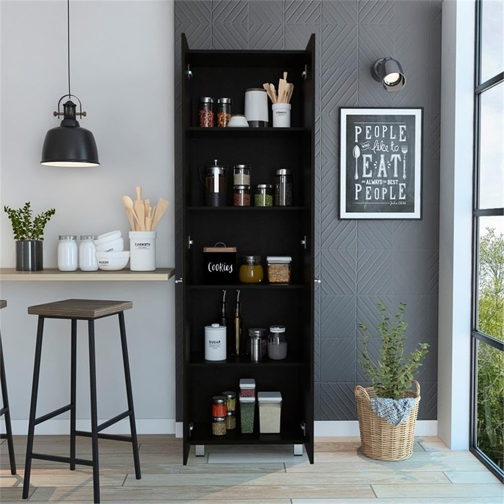 Pemberly Row 79" H Engineered Wood Double Door Pantry Cabinet, Black Finish, 23.3" W x 14.5" D x 78.7" H, 5 Interior Shelves, Metal Handles, Sleek Modern Storage for Kitchen or Home Organization