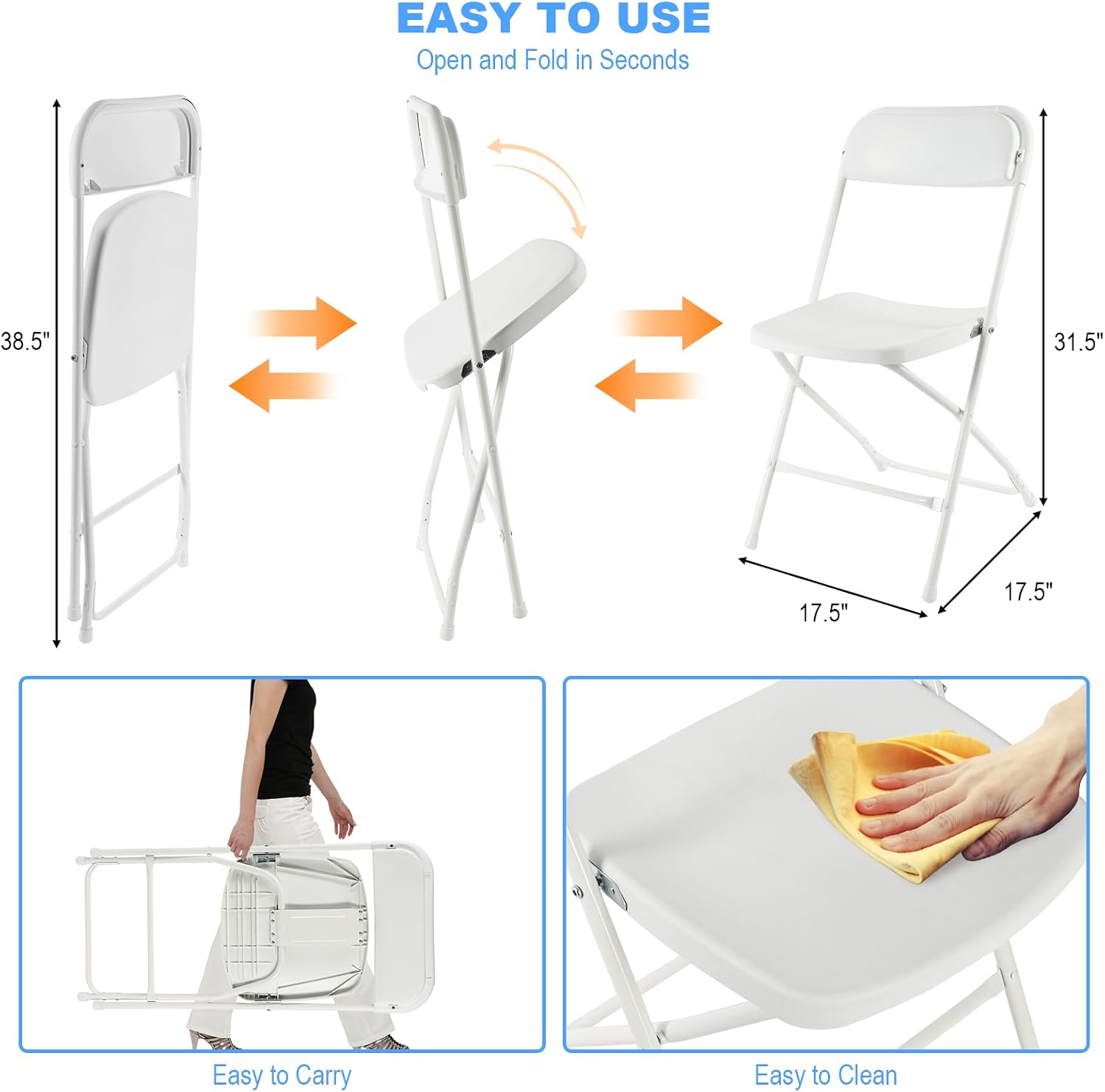 White Folding Chairs 12 Pack, Plastic Folding Chair for Outside, Indoor Outdoor Portable Commercial Seat with Steel Frame, Foldable Chairs for Party Events Wedding Office, 350LBS Capacity