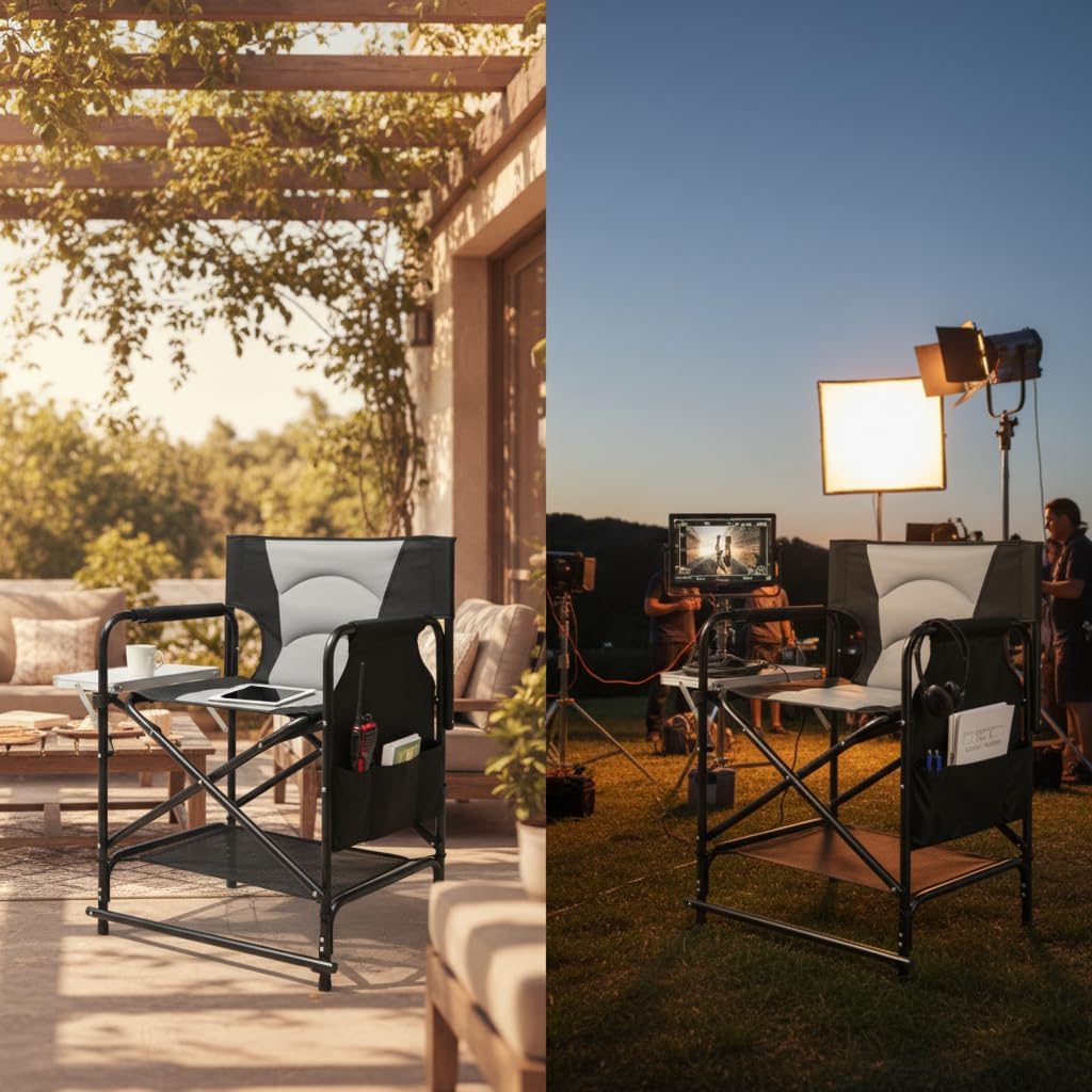 VINGLI 22" Director's Chair for Makeup Artist, Foldable Makeup Chair with Retractable Side Table & Footrest, Robust Iron Steel Frame, Supports 300 lbs, for Studio, Black & Gray