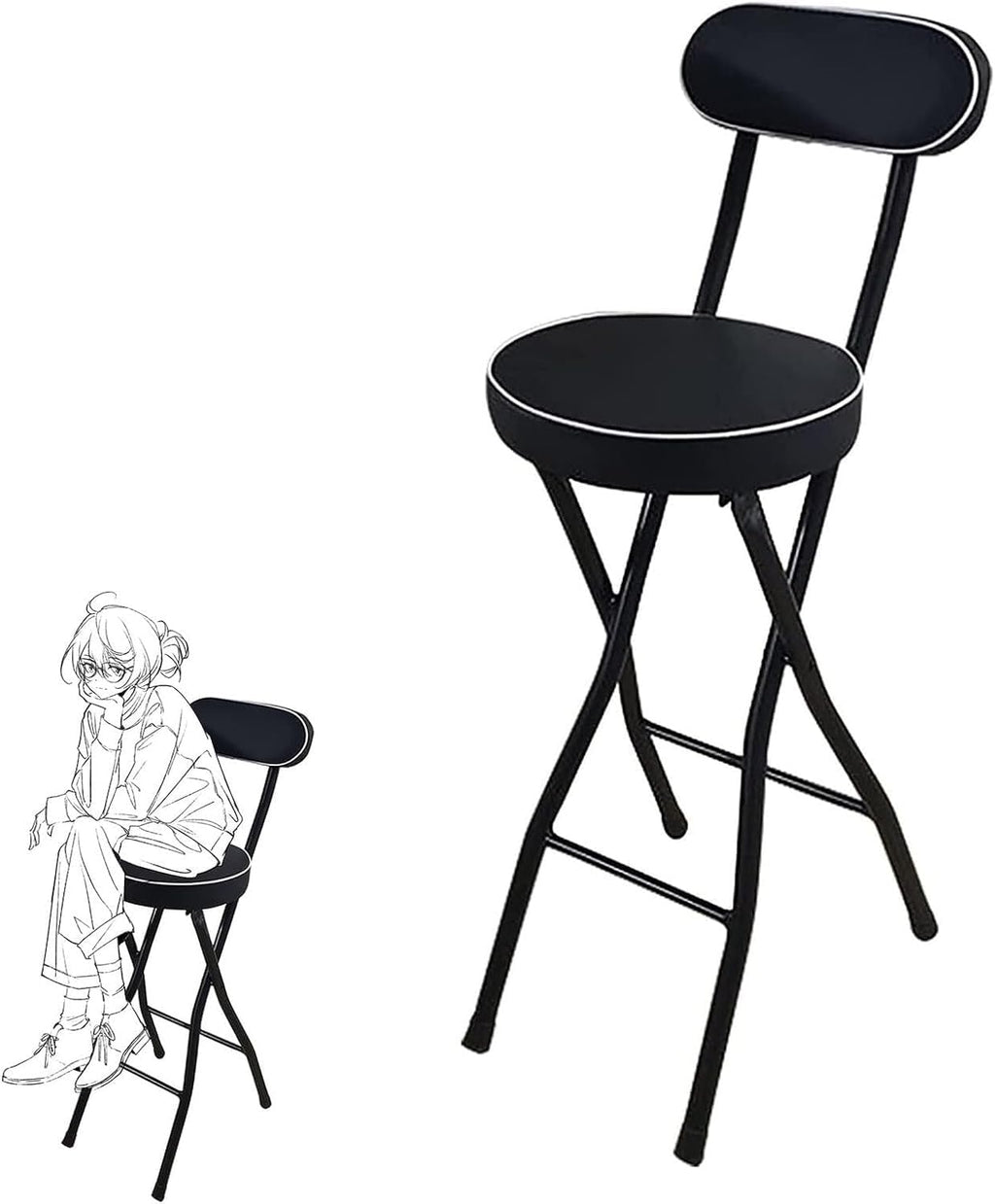 Portable Folding Stool with Padded Seat Backrest and Footrest Foldable Bar Chair for Adults Collapsible Round(Black,Sitting Height:60cm/24)