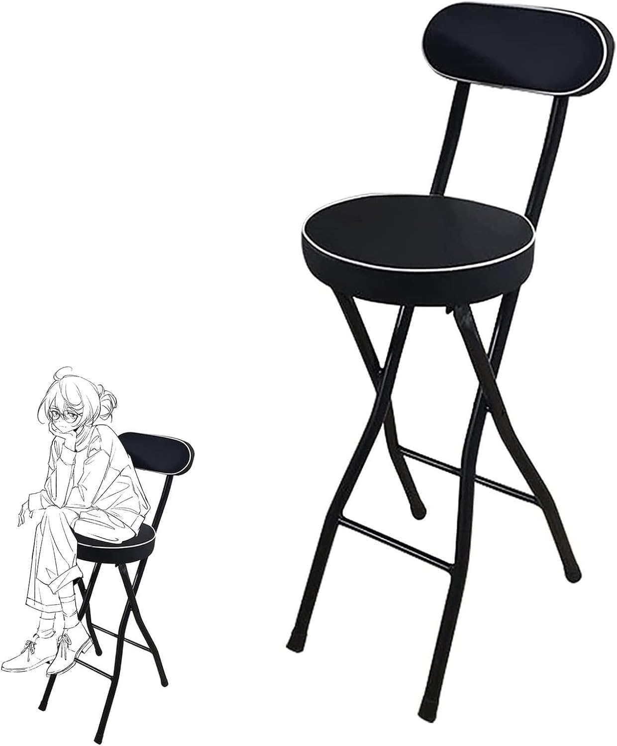 Portable Folding Stool with Padded Seat Backrest and Footrest Foldable Bar Chair for Adults Collapsible Round(Black,Sitting Height:60cm/24)