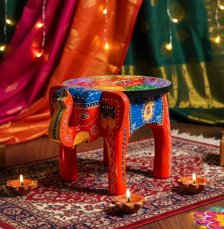 End Table, Handmade Wooden Elephant Side Table, Small Round End Table, Nightstand with Tapered Legs, for Small Spaces, Living Room, Bedroom, Wooden Stools (Red)