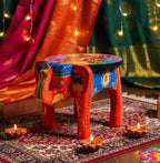 End Table, Handmade Wooden Elephant Side Table, Small Round End Table, Nightstand with Tapered Legs, for Small Spaces, Living Room, Bedroom, Wooden Stools (Red)