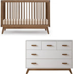 dadada Soho Baby Nursery Furniture Set, Baby Crib and Dresser Set Combo, Soho 3-in-1 Convertible Crib and Matching 5 Drawer Dresser, Walnut Beechwood