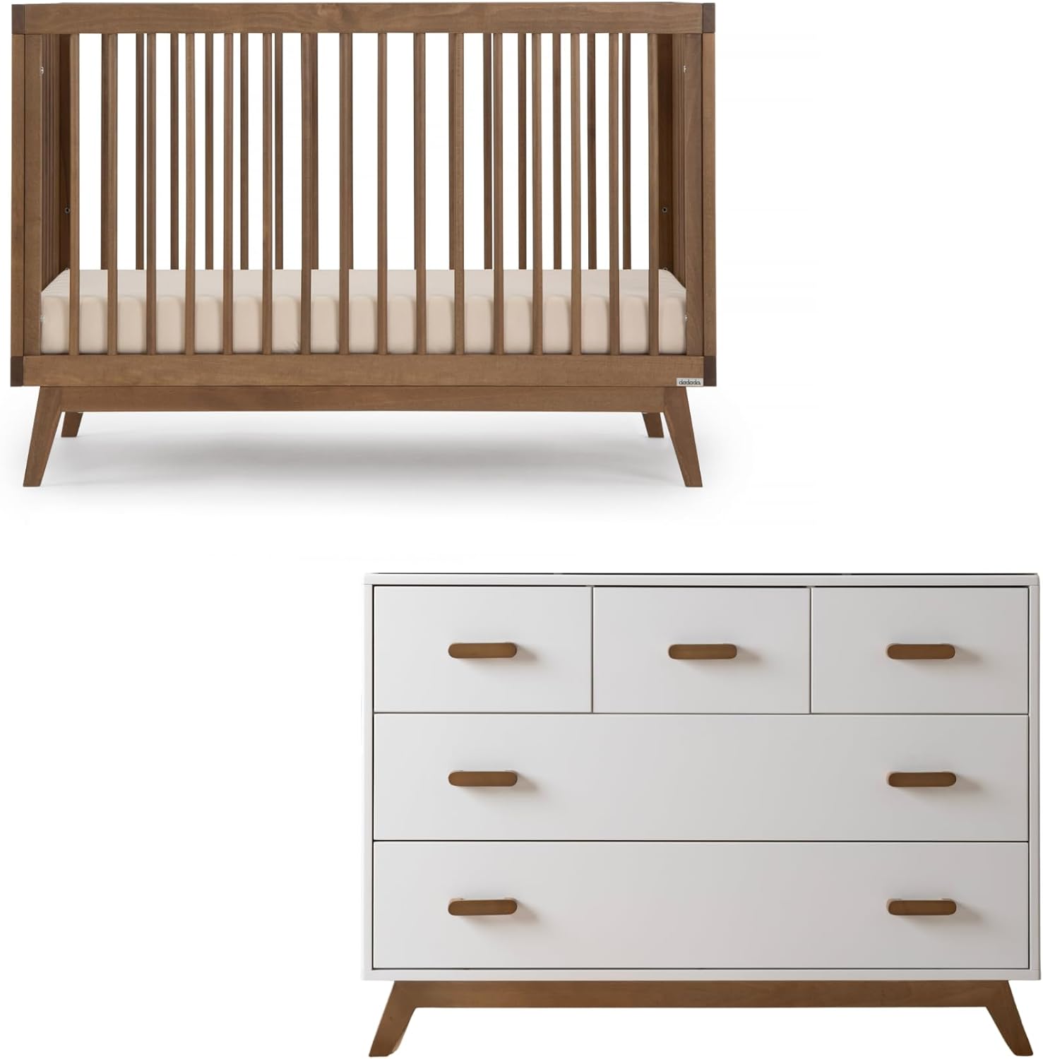 dadada Soho Baby Nursery Furniture Set, Baby Crib and Dresser Set Combo, Soho 3-in-1 Convertible Crib and Matching 5 Drawer Dresser, Walnut Beechwood