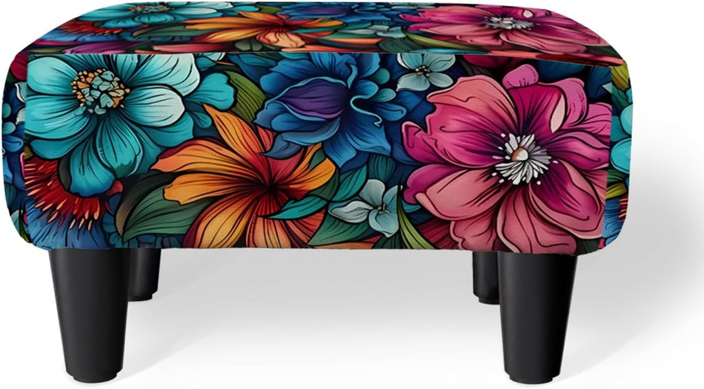 Flower Linen Ottoman Small Footstool with Legs for Living Room Bedroom | vintage floral small foot rest,extra seating,small foot rest for couch,entryway bench,shoe bench