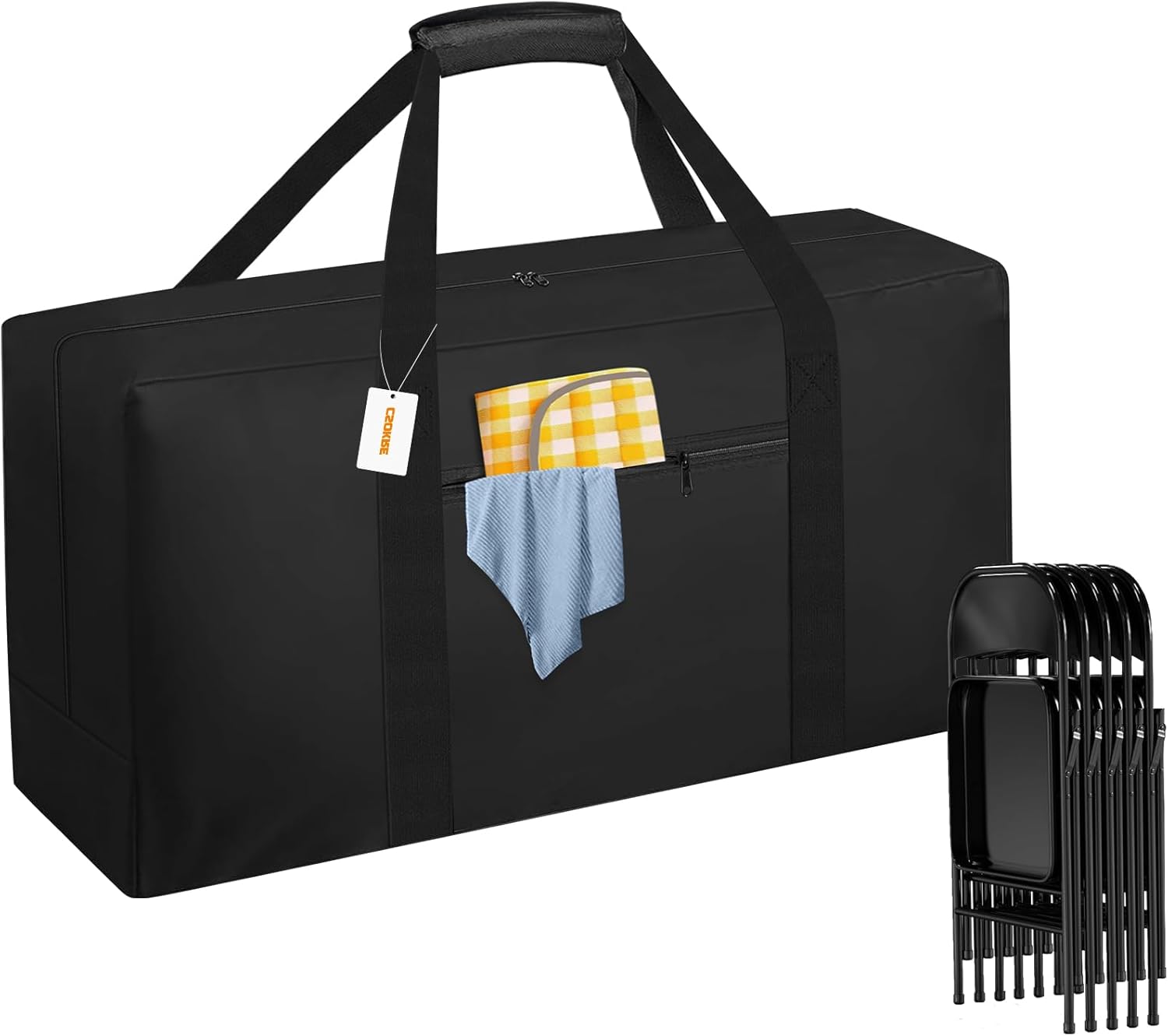 Heavy Duty Folding Chair Storage Bag, [Thick Fabric+Front Pocket] 40.5" x 12.2" x 20",For Metal/Plastic/Wooden Chairs, Large Waterproof Carry Bag with Sturdy Pad Handle,Black, (Only bag)