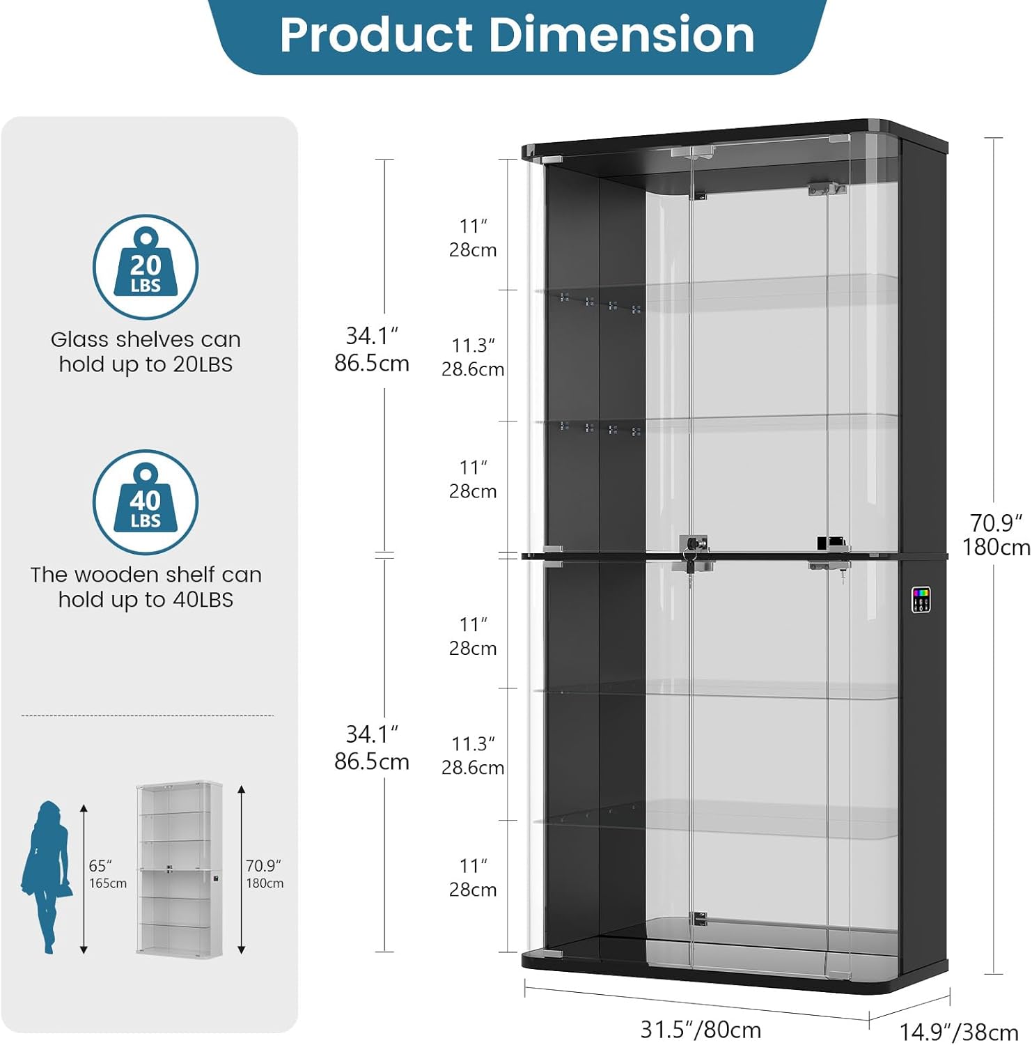 71" Tall Display Cabinet with Glass Doors, Rounded Curio Cabinet with Motion Sensor RGB Lights, 6-Tier Lockable Display Case for Collectibles & Action Figures, Trophy Case for Living Room,Black