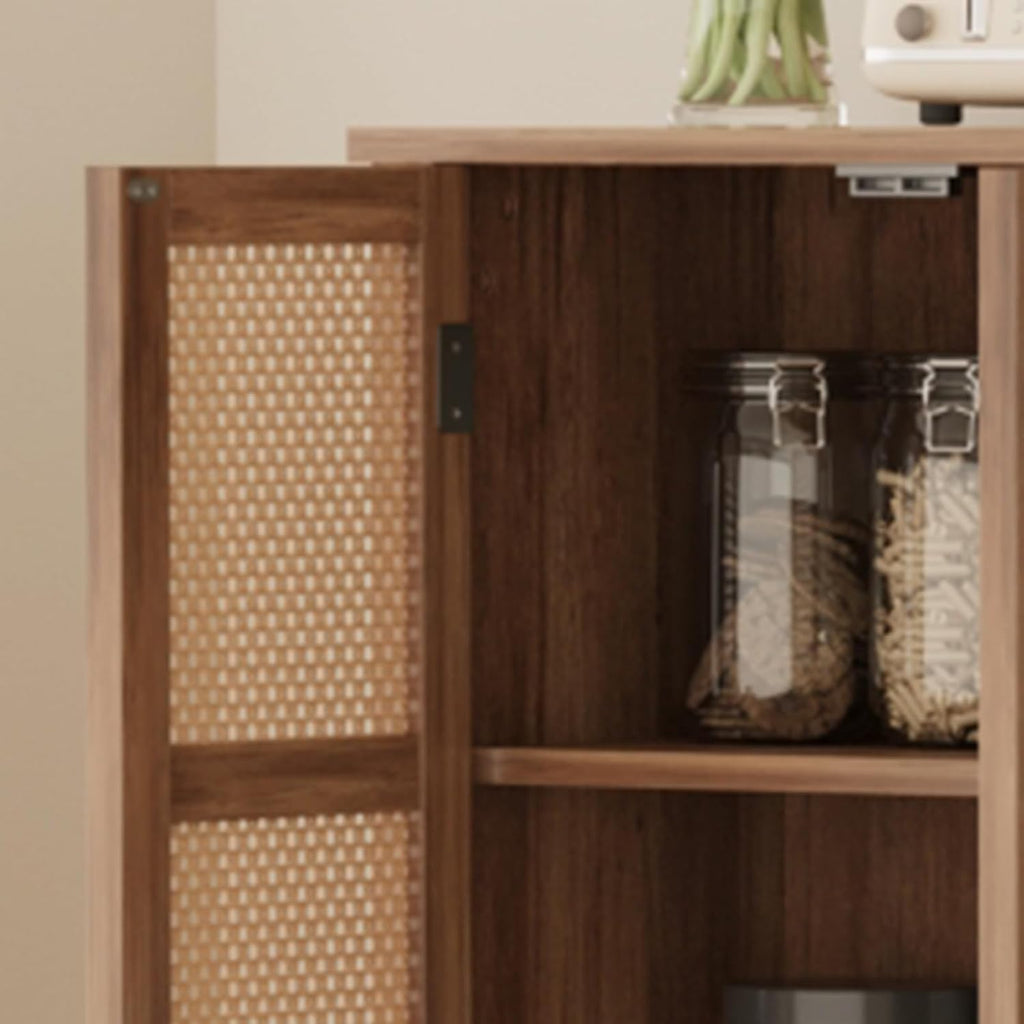 TROPOW Rattan Pantry Cabinet, 64 Inch Tall Kitchen Storage Cabinet with 2 Adjustable Shelves, 2 Drawers, Large Wooden Food Cupboard for Living Room, Dining Room, Light Brown