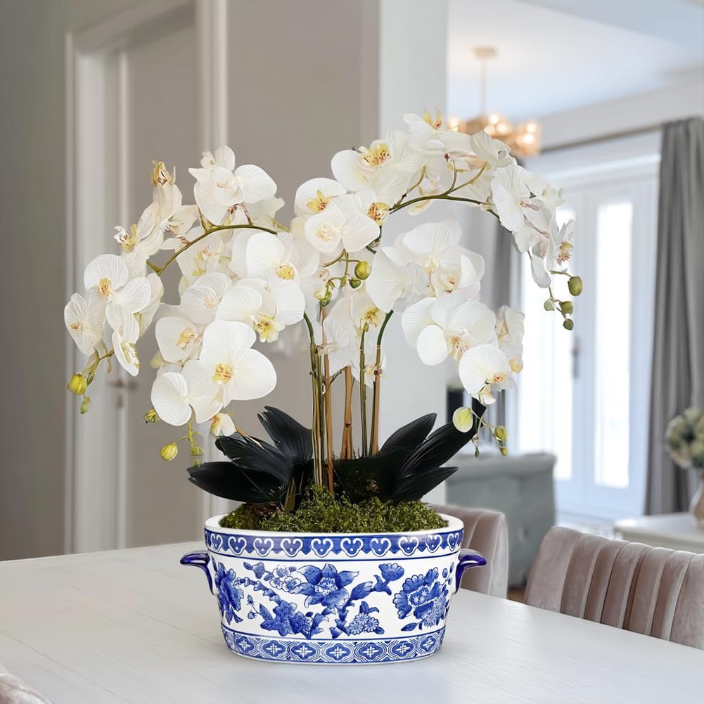 Blue and White Ceramic Planter Pot – Vintage Floral Oval Cachepot Vase for Indoor Plants, Flowers & Succulents – Glazed Chinese Porcelain Style Decorative Bowl –10.6" Size – No Drainage