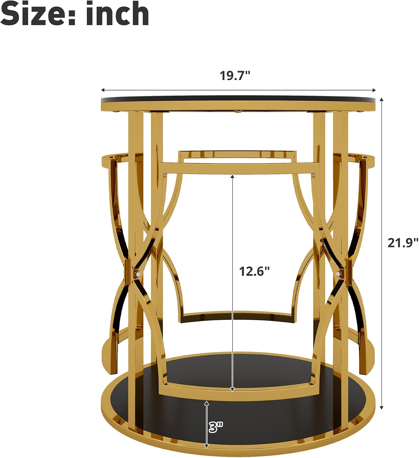 Merax 19.7" Round Gold Metal Side Table with Tempered Glass Top & 2-Tier Storage Shelf, Modern Coffee Table Glam End Table for Living Room, Bedroom, Sofa Side, Small Space, Black