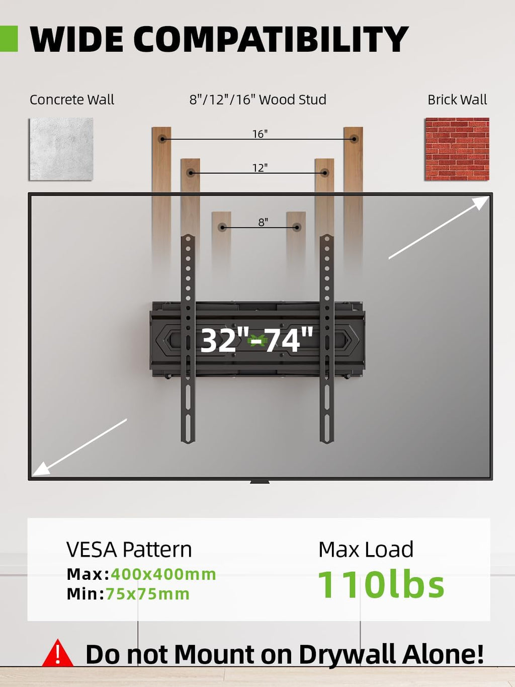 USX MOUNT TV Wall Mount for 32-74 inch Flat Screen/LED/4K up to 110lbs, Full Motion TV Mount Bracket with Swivel & Tilt Articulating Dual Arms, Max VESA 400x400mm, Fits 12/16" Wood Studs